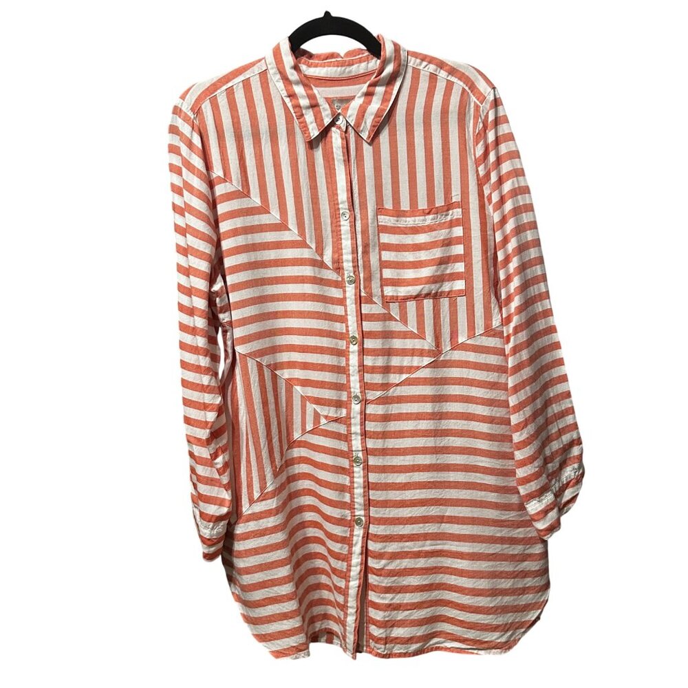 Chico’s size 2 (12-14) orange block striped long sleeve button front tunic top